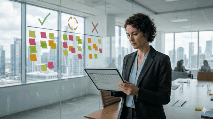 Businesswoman reviewing workflow automation decision framework in modern office.