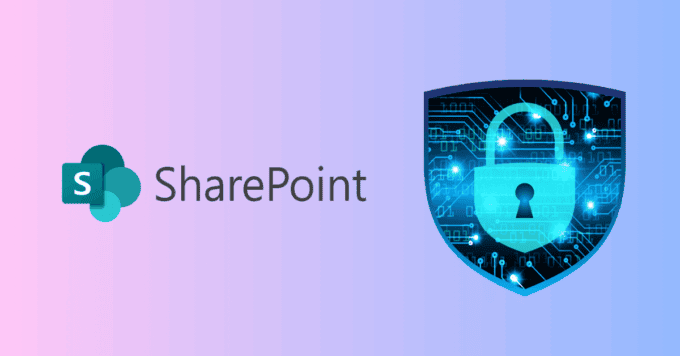 Digital shield with lock symbol representing SharePoint security and data protection.