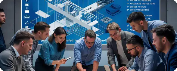 Dedicated Agile Teams Collaboration | i3solutions Eight professionals gather around a table, examining blueprints and devices during a collaborative planning session in a modern room with a digital display behind them.