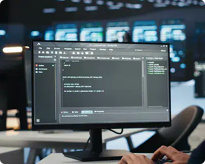 Software Developer Coding on Computer | i3solutions Monitor displaying a dark-theme code editor; hands typing at a desk in a modern office setting.