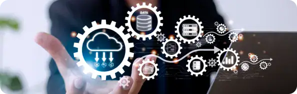 Cloud Data Integration and Analytics | i3solutions Businessperson interacting with glowing gears and cloud/Data icons representing digital data processing and cloud solutions in motion.