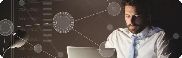 Microsoft Fabric Developer Solutions | i3solutions Professional man in a shirt and tie works on a laptop, with futuristic network and data graphics projected around him, suggesting data analysis or tech work.