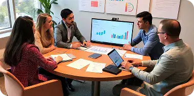 Business Meeting for Power Platform Development | i3solutions Cross-functional team collaborating in a hybrid Power Platform co-development session