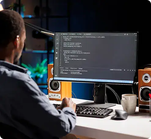 Software Developer Coding on Desktop | i3solutions Power Apps developers collaborating on custom Microsoft Power Platform business application code