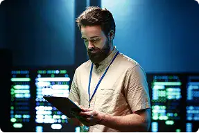 IT Professional Using Tablet for Assessment | i3solutions IT professional analyzing data on tablet during modernization assessment.