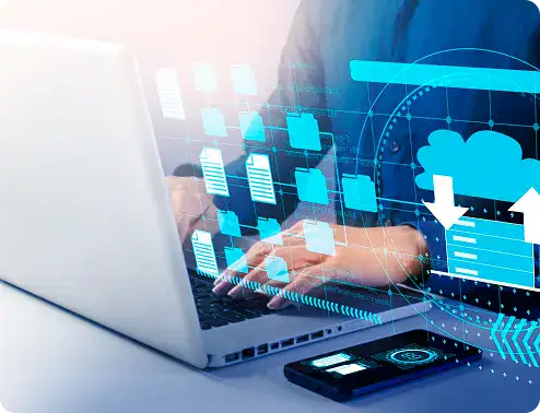 Cloud Data Transfer and Storage | i3solutions Cloud computing and data transfer with digital interface graphics.