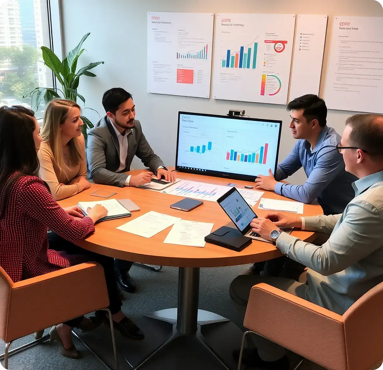 Business Meeting for IT Staff Augmentation | i3solutions Five professionals sit around a round table in a conference room, reviewing charts on a large monitor and printed reports during a business meeting.