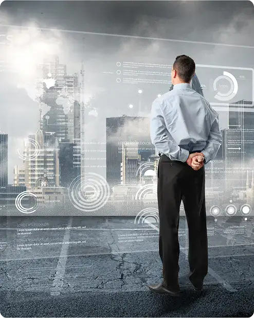 Businessman Analyzing Digital Cityscape | i3solutions Enterprise modernization strategy focused on operational continuity, risk control, and workflow stability.