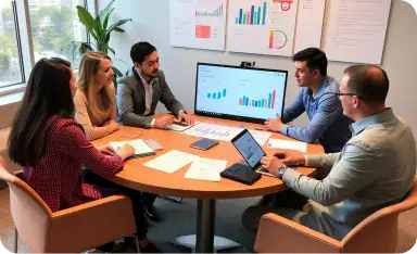 Business Meeting for Power Automate Solutions | i3solutions Cross-functional team in a hybrid Power Automate co-development session combining internal knowledge with external Microsoft integration expertise