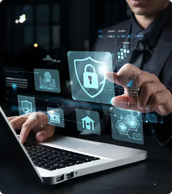Cybersecurity and Data Protection Concept | i3solutions Digital cybersecurity concept showing secured interface with identity-first architecture for enterprise Power Automate delivery.