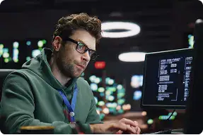 IT Professional Analyzing Data | i3solutions IT professional working on computer with code and data in a modern office.