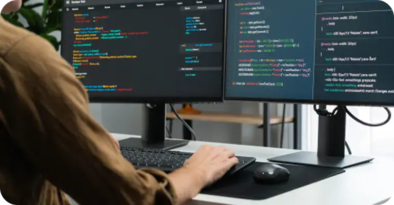 Software Developer Coding on Dual Monitors | i3solutions Person coding on dual monitors displaying colorful programming code.