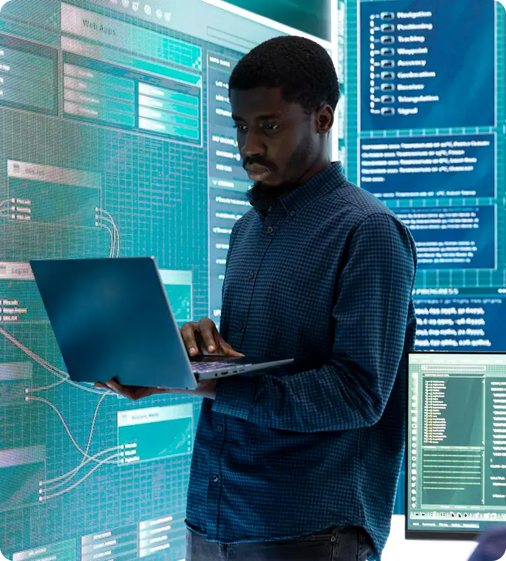 External Platform Integration Governance Security Trust IT professional analyzing data on multiple screens for platform integration.
