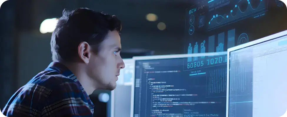 IT Professional Analyzing Data on Computer | i3solutions IT professional working on data analysis with multiple screens displaying graphs and code.
