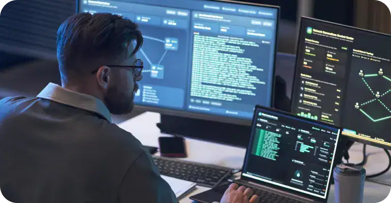 Software Developer Working on Coding Projects | i3solutions Developer coding on multiple monitors with software development tools.