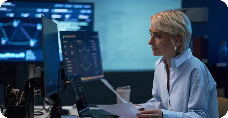 Data Analyst Working on Computer | i3solutions Businesswoman analyzing data on dual monitors in a high-tech office.