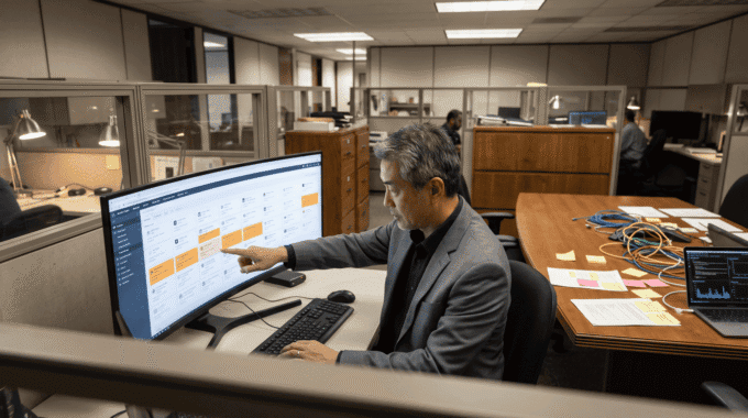 IT professional working on project management software in modern office.