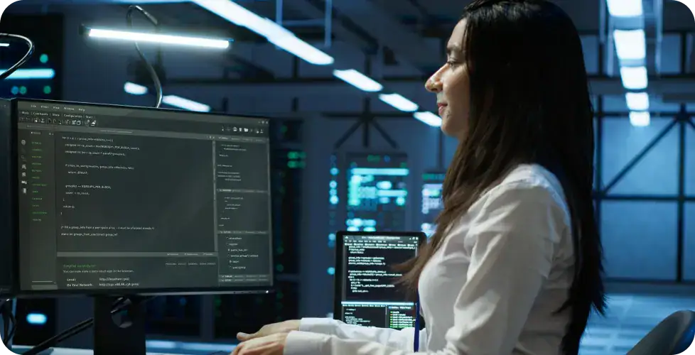 Data Analyst Working with Code and Data | i3solutions Female data analyst working with code and data in a high-tech environment.