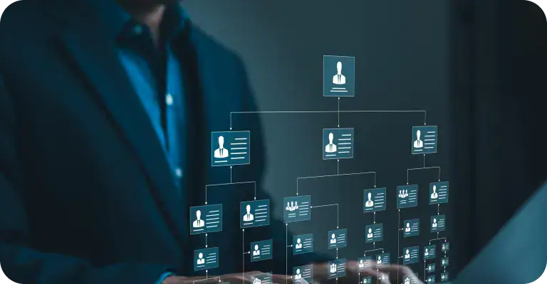 AI Data Management and Hierarchy | i3solutions Business professional analyzing digital AI data hierarchy visualization.
