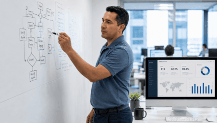 Business analyst explaining data flow on whiteboard in modern office.