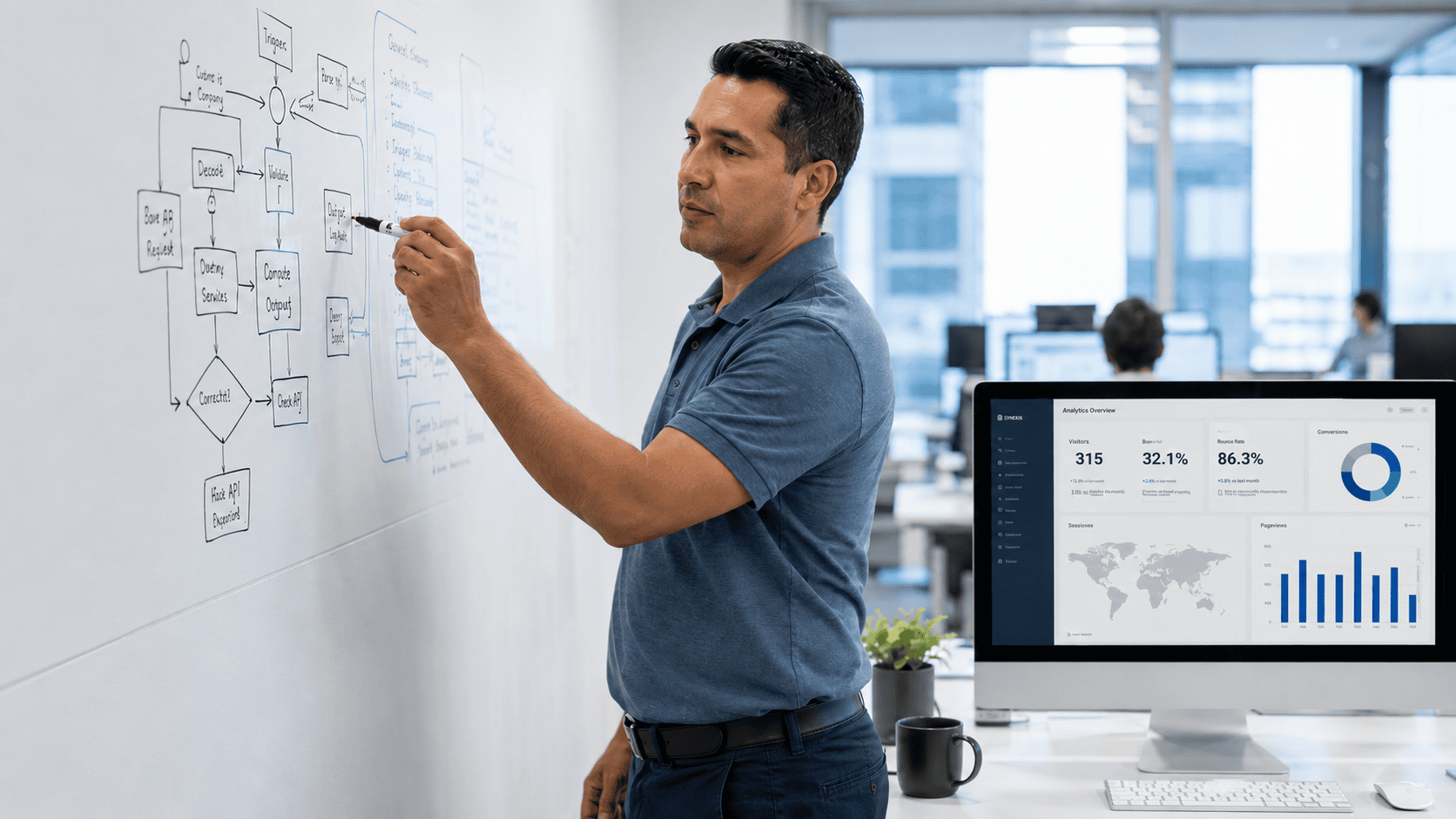 Business Analyst Discussing Data Flow | i3solutions Business analyst explaining data flow on whiteboard in modern office.