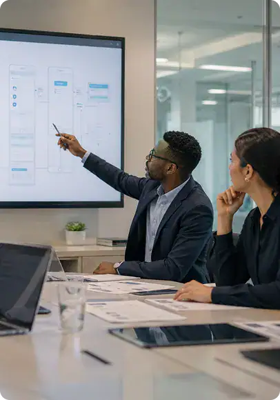 Business Meeting Discussing Digital Strategy Man presenting a digital wireframe on a large screen to a seated woman in a modern conference room.