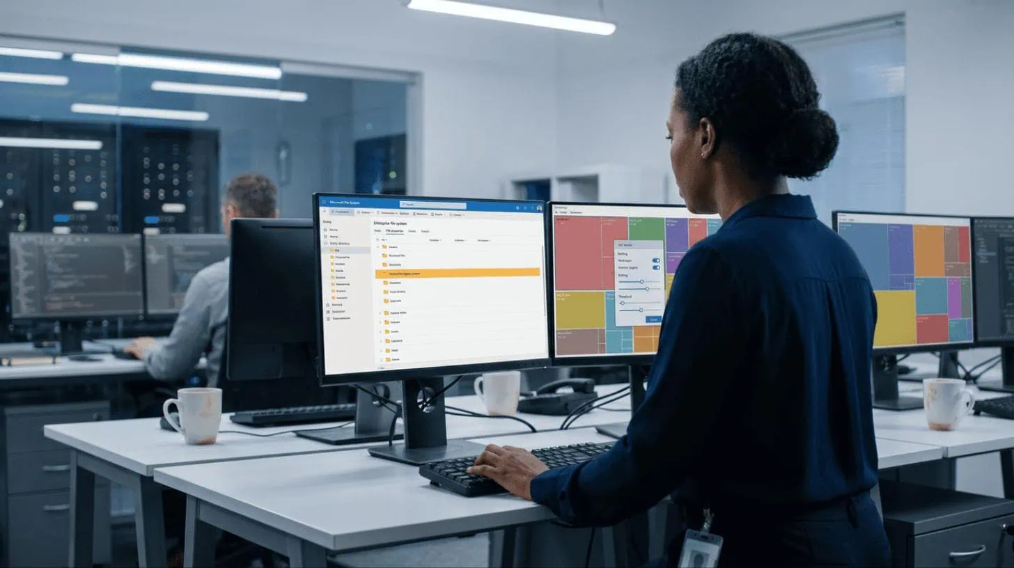 Data Classification in Office Environment | i3solutions IT professional analyzing data classification tiers on multiple monitors in a server room