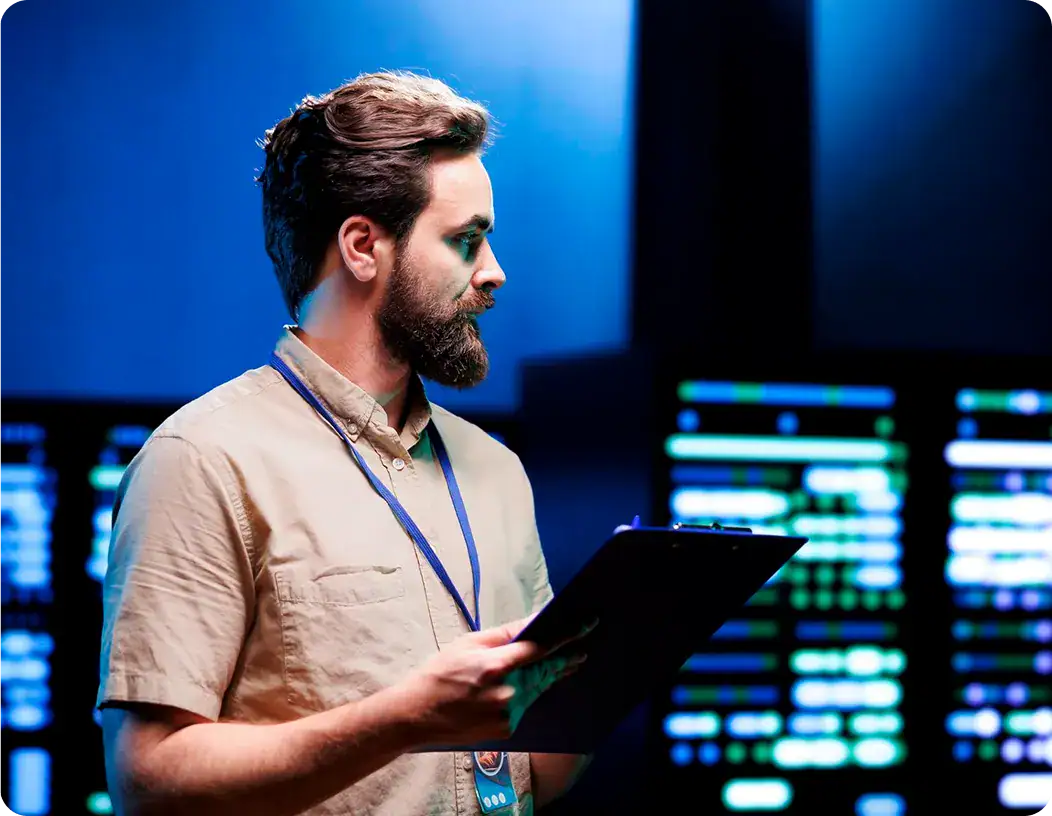 AI Data Analyst at Work | i3solutions Man analyzing data on a tablet in a high-tech server room.