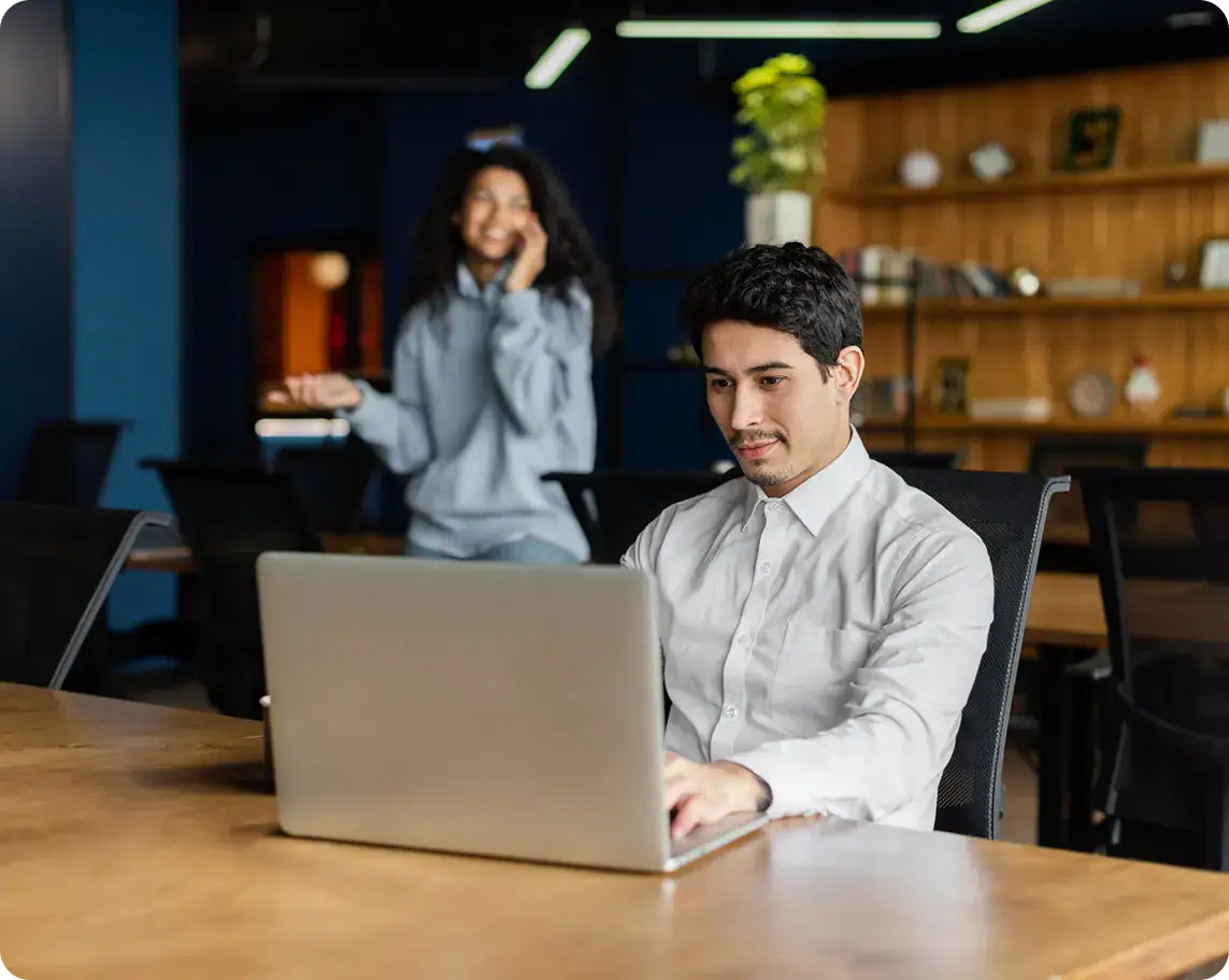 Business team collaborating in modern office environment.