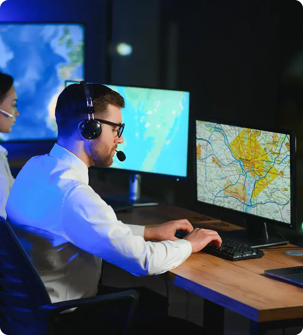 Esri GIS Consulting and Support Services | i3solutions GIS analyst working with maps on dual monitors for Esri consulting services.