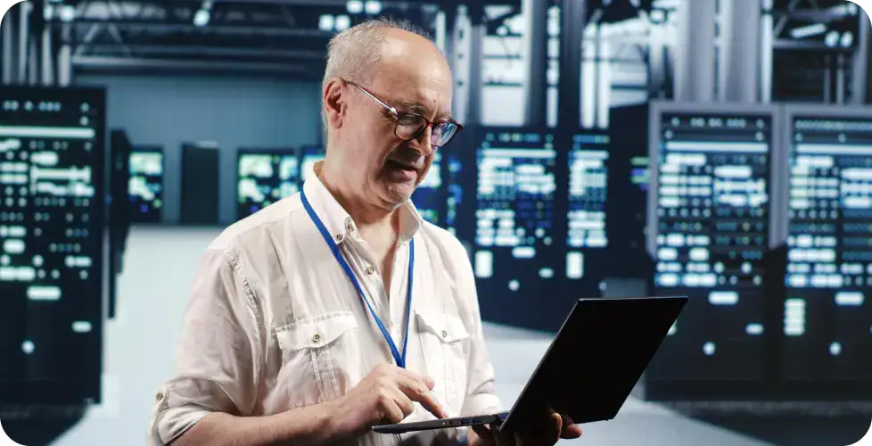 IT Professional Using Tablet in Data Center | i3solutions IT professional working on tablet in data center with servers and screens.
