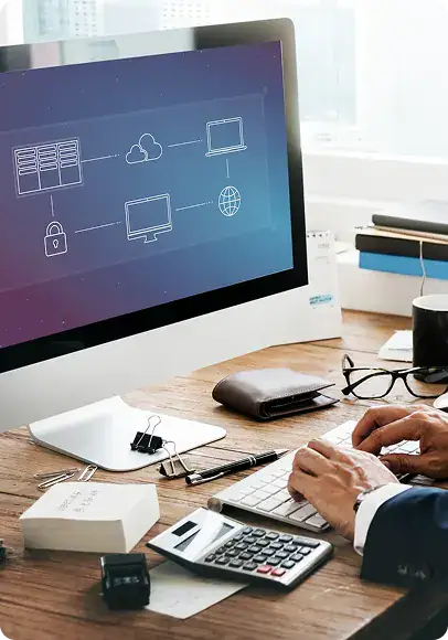 i3solutions Technology Workspace Modern workspace with cloud computing and cybersecurity icons on monitor.