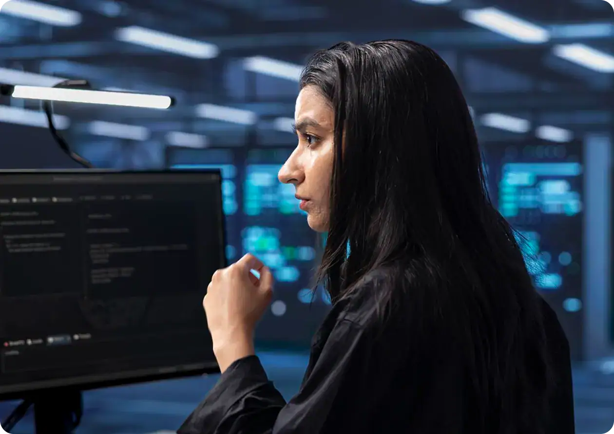 Cybersecurity Analyst at Work | i3solutions Female cybersecurity analyst working on computer in data center.