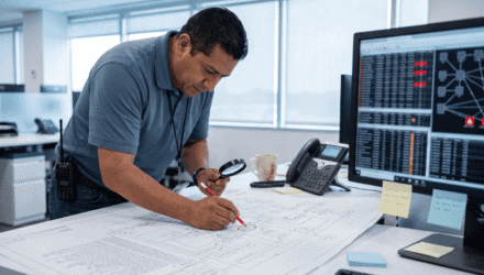 IT Professional Analyzing Network Data | i3solutions IT professional reviewing network diagrams and data on a desk.