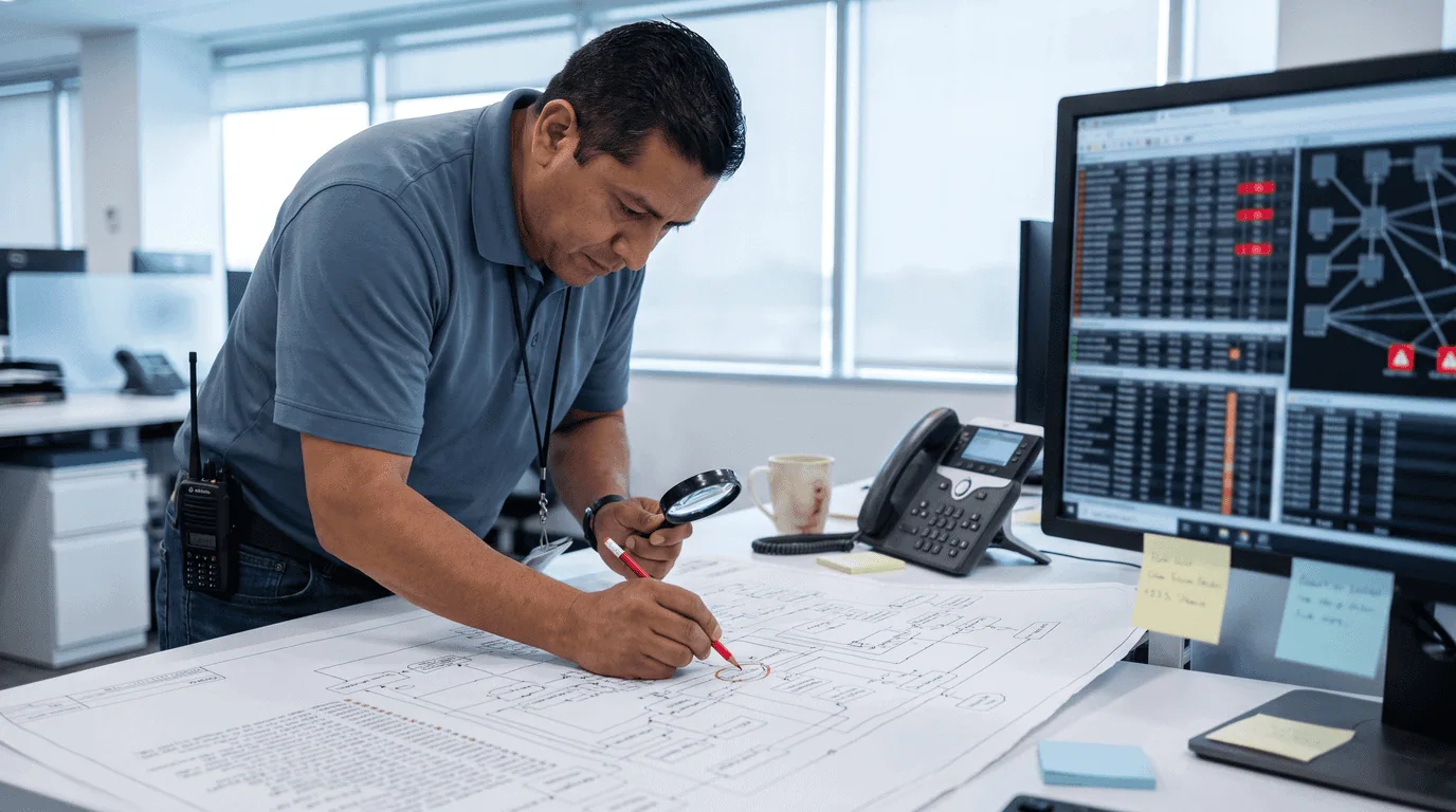 IT Professional Analyzing Network Data | i3solutions IT professional reviewing network diagrams and data on a desk.