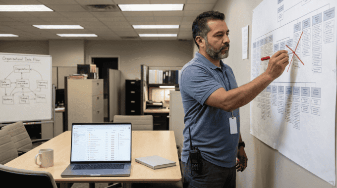 IT professional reviewing project plan on whiteboard in office.