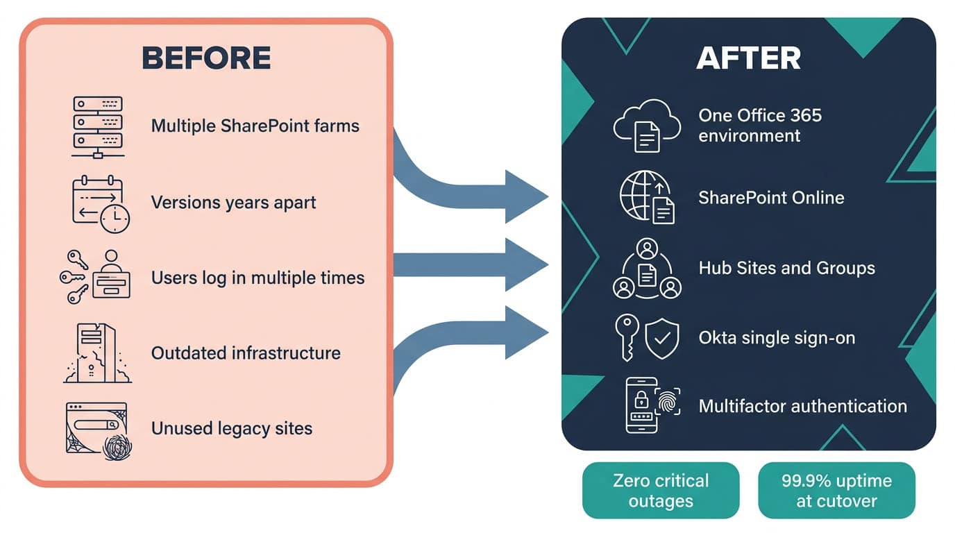 SharePoint Online Migration with Okta Before and After Diagram | i3solutions Before and after diagram: legacy SharePoint farms with separate logins and login gaps, replaced by one consolidated SharePoint Online environment with Okta single sign-on, saving $300K a year.