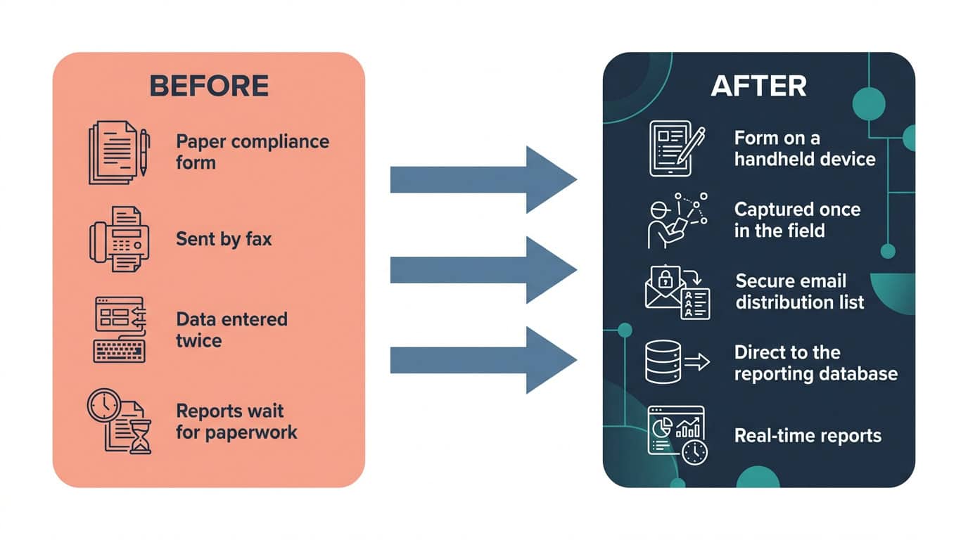 Handheld Compliance Reporting Devices Before and After Diagram | i3solutions Before and after diagram: faxed, double-entered compliance data, replaced by handheld devices that capture and report compliance data once.