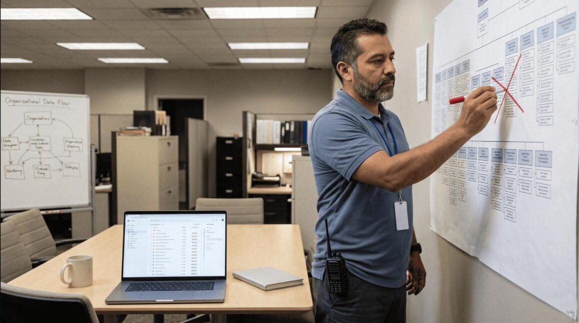 IT Professional Analyzing Data on Whiteboard | i3solutions IT professional reviewing project plan on whiteboard in office.