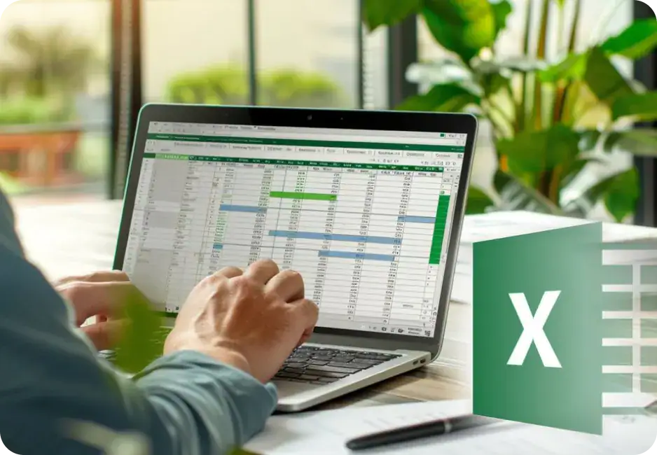 Excel Spreadsheet Analysis for Business Person working on Excel spreadsheet on laptop with Excel icon nearby.