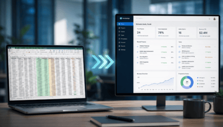 Excel Spreadsheet Data Transforming Into a Custom Web Application Dashboard | i3solutions Excel spreadsheet data migrating into a custom web application dashboard, illustrating Excel-to-web-app modernization
