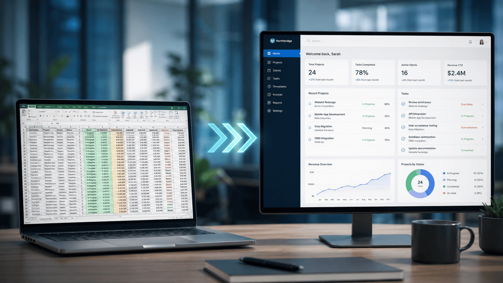 Excel Spreadsheet Data Transforming Into a Custom Web Application Dashboard | i3solutions Excel spreadsheet data migrating into a custom web application dashboard, illustrating Excel-to-web-app modernization