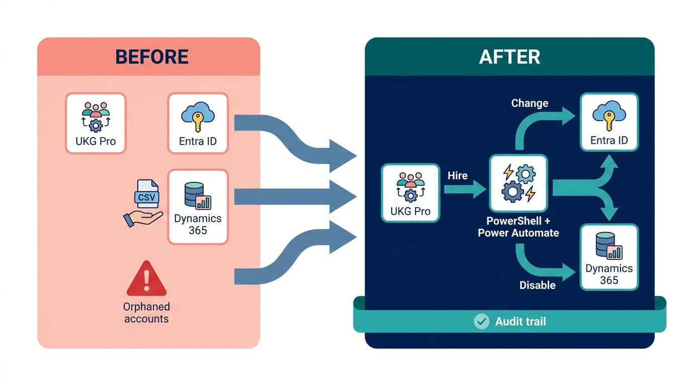 Before and after diagram: orphaned accounts flagged in a security audit, replaced by automatic access disabling at departure integrating Entra ID, UKG Pro, and Dynamics 365.