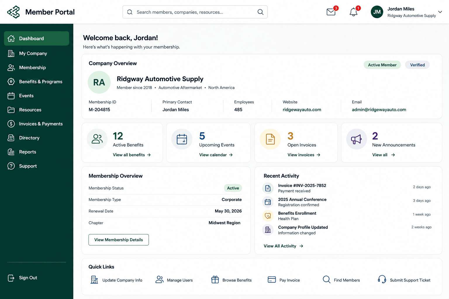 Screenshot of the member services platform
