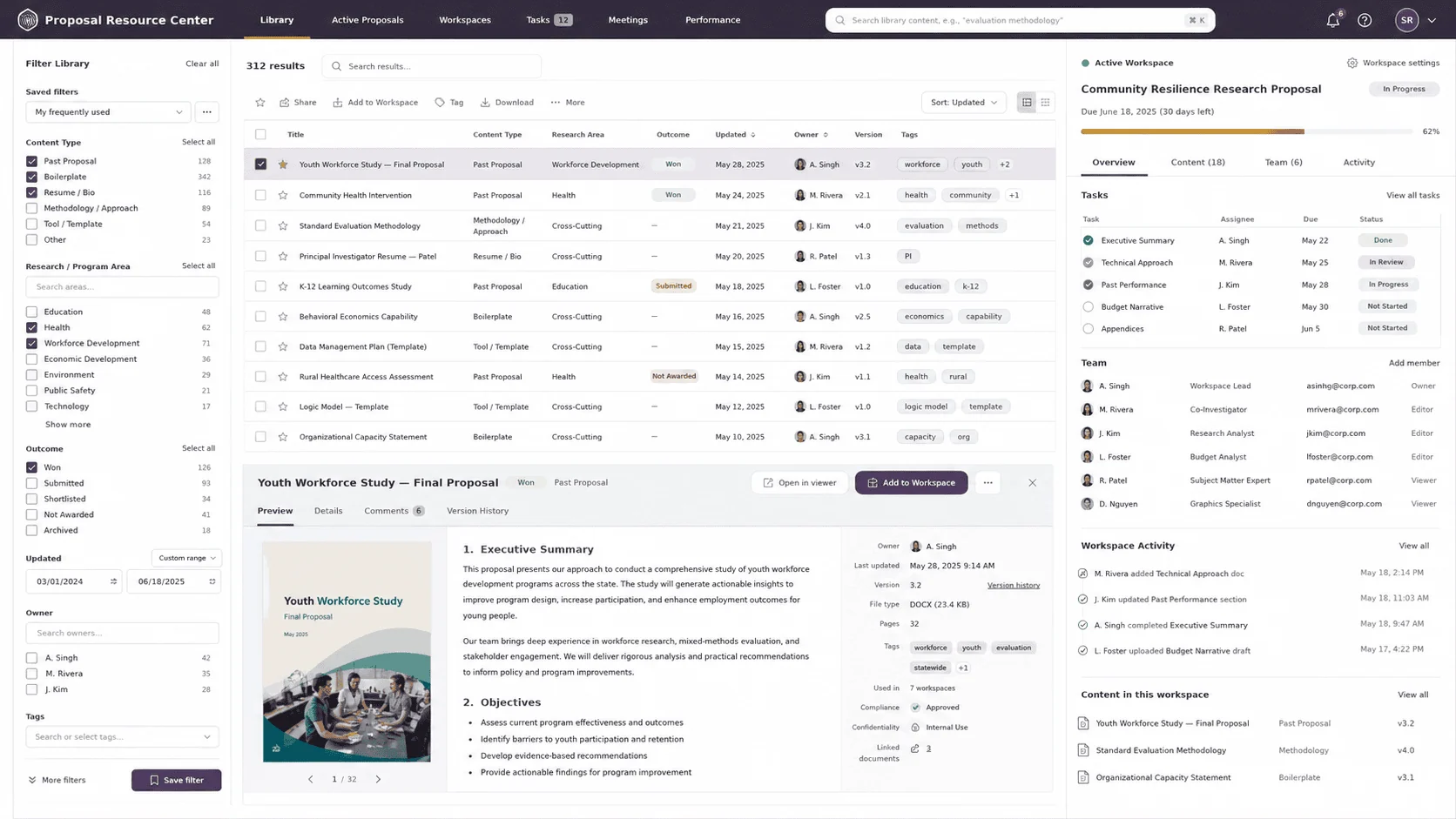 Screenshot of the shared proposal library application