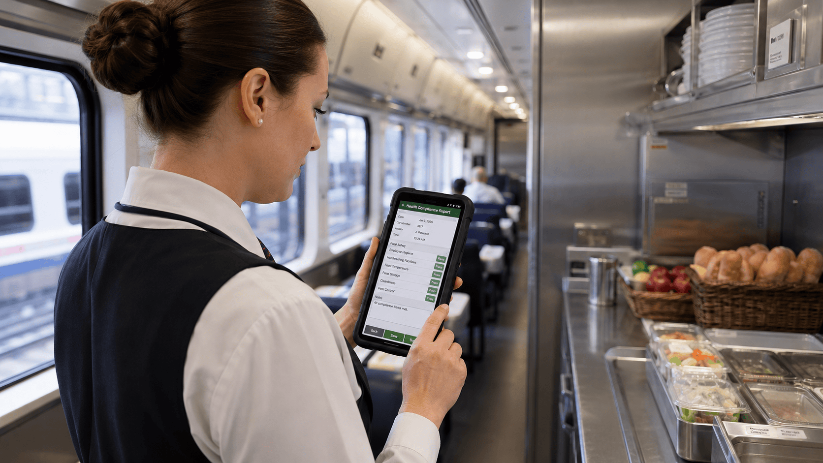 Woman Using Mobile Payment App in Train | i3solutions Woman using mobile payment app in train cafeteria for quick service.