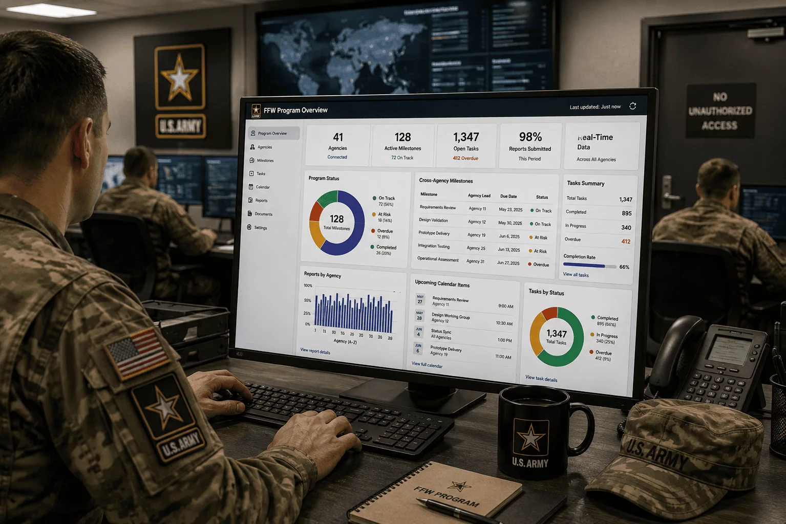 U.S. Army Personnel Analyzing Digital Program Data | i3solutions U.S. Army personnel analyzing digital program data on a computer monitor.