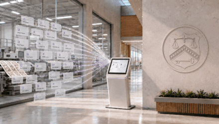 Modern digital signage and data analytics display in an office lobby.