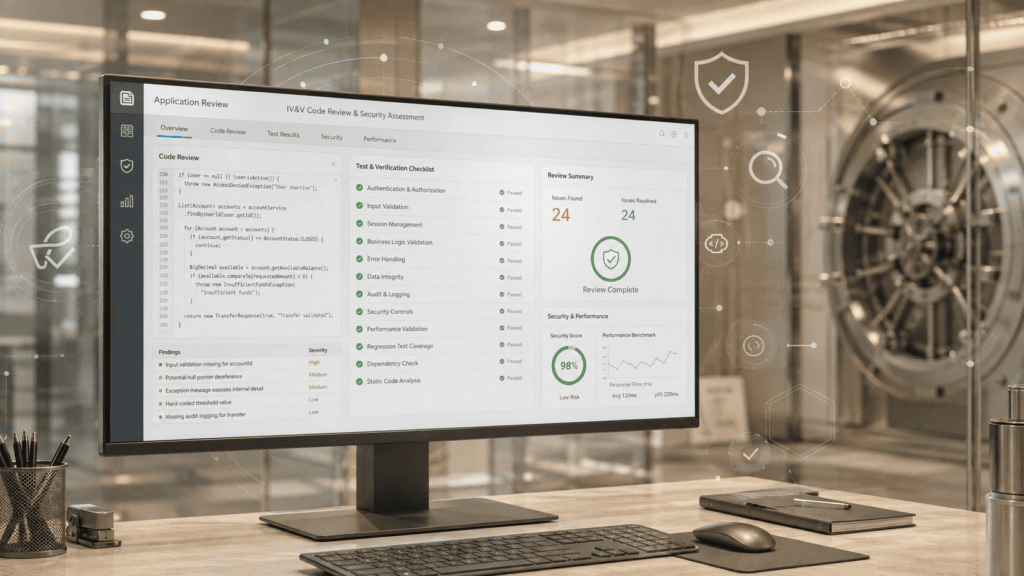 Cybersecurity analysis dashboard on a computer screen in a secure vault.