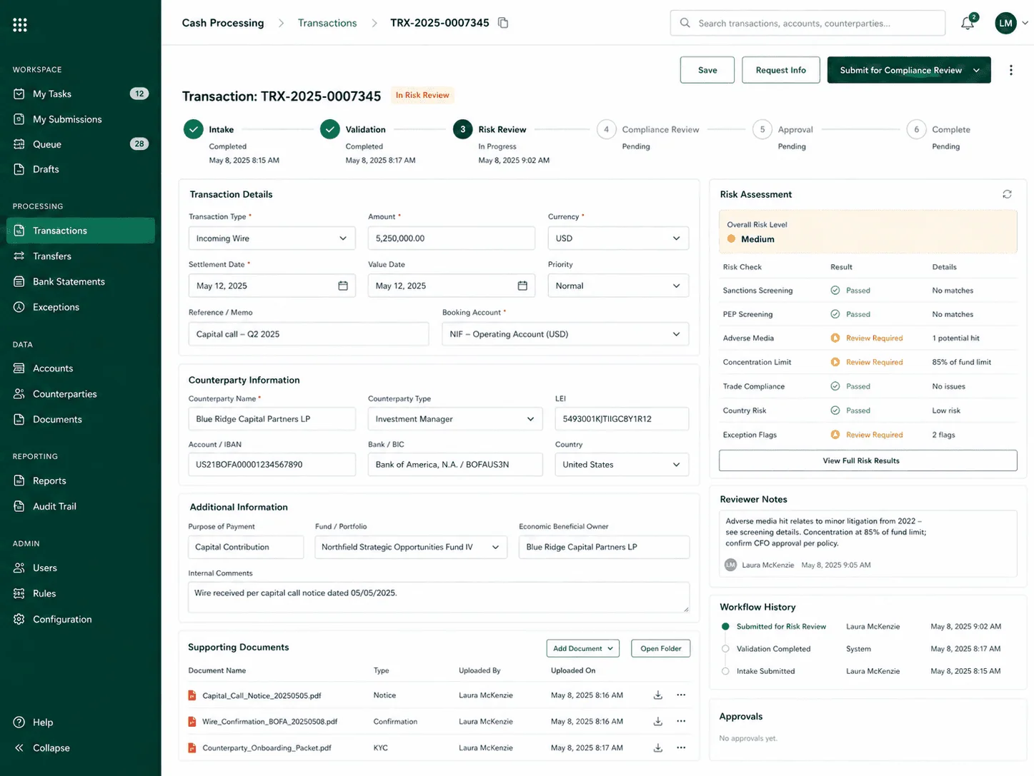 Screenshot of the cash processing risk-review application